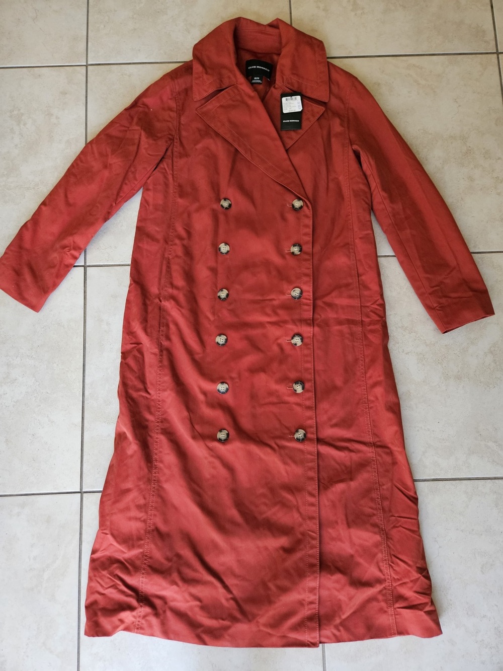 Club Monaco Double-Breasted Brick-Red Trench Coat - Picture 2 of 7